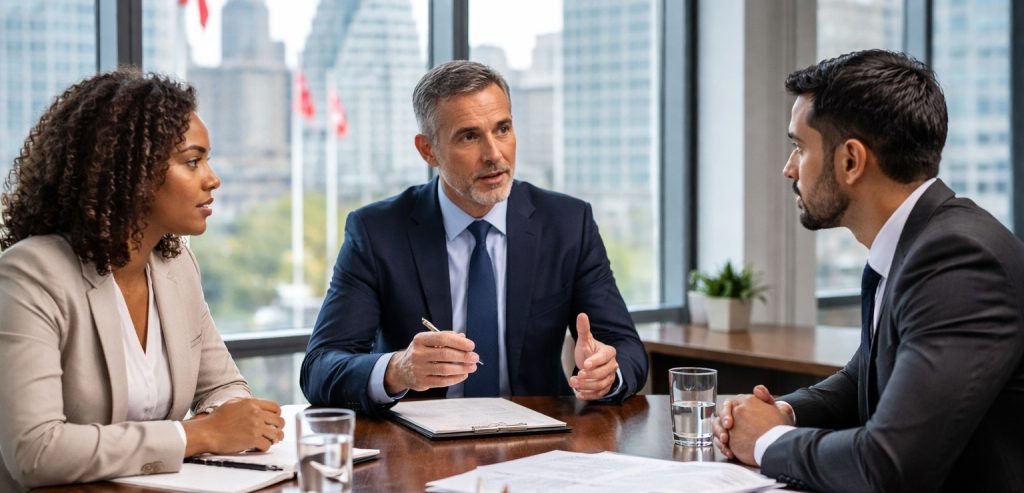 Three people in a professional meeting discussing dispute resolution options, representing mediation and alternative dispute resolution