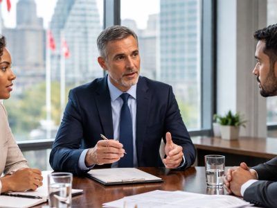 Three people in a professional meeting discussing dispute resolution options, representing mediation and alternative dispute resolution