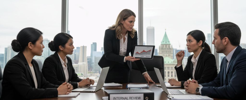 A shareholder addresses corporate colleagues during a meeting, symbolizing the right to pursue derivative actions for corporate misconduct.