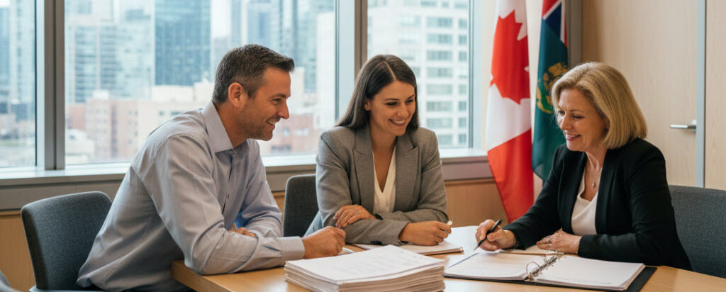 Two individuals consult with a lawyer in a small Ontario courtroom, symbolizing that higher claim limits now make small claims court a more accessible option for more people.