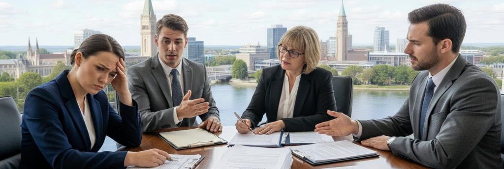 Four professionals in a tense conference room meeting, with a young woman looking away as a colleague makes an accusation, representing a contract dispute or commercial fraud claim