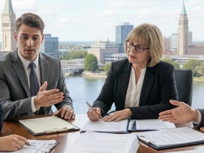 Four professionals in a tense conference room meeting, with a young woman looking away as a colleague makes an accusation, representing a contract dispute or commercial fraud claim